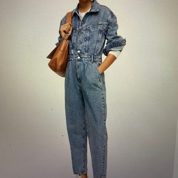 Mango Pants - Mango Long Sleeve Blue Denim Jumpsuit
